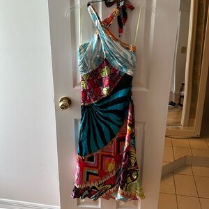 Multi-color and multi-patterned silk cocktail halter dress